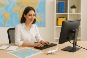 Travel agent sitting at a desktop computer