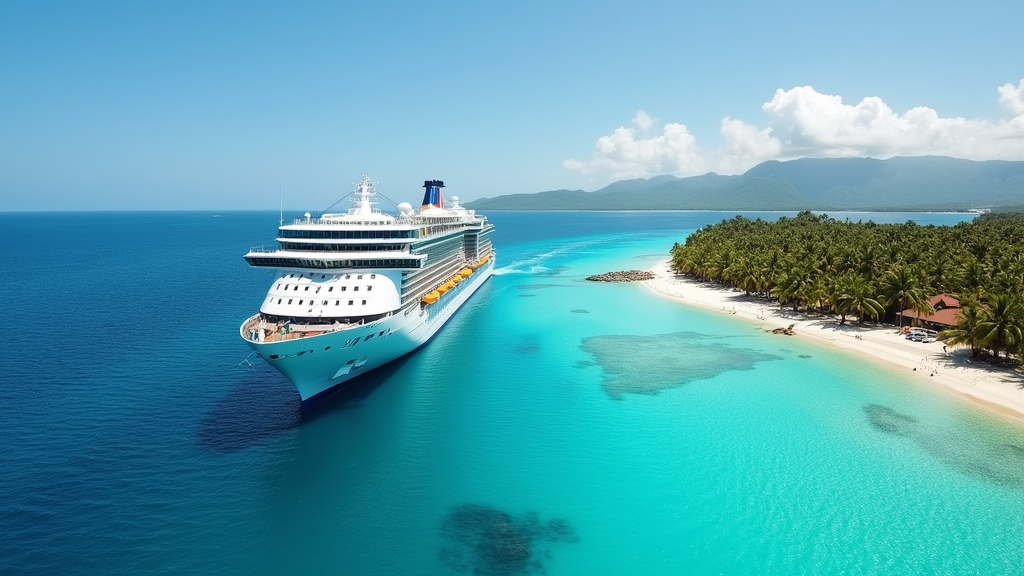 A luxury cruise ship sailing near a tropical coastline with clear blue water, palm trees, and distant mountains.