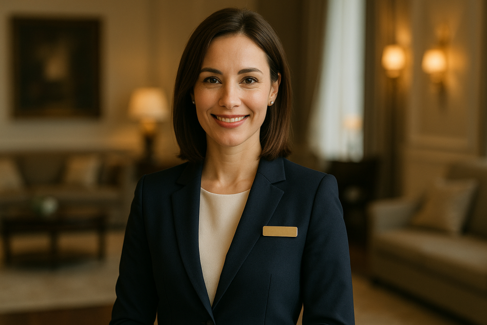 lady in blue coat hotel concierge