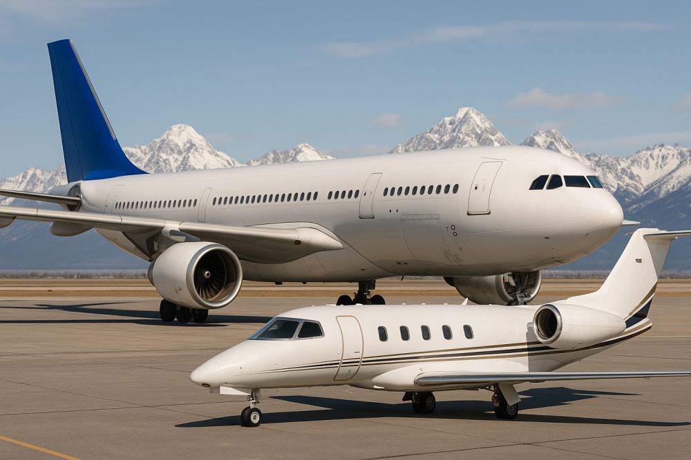 private jet commercial airliner in fort of mountain range