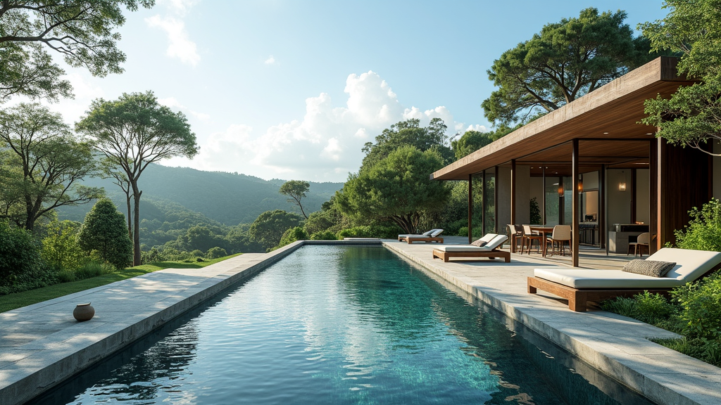 A private infinity pool overlooking a lush natural landscape, with modern sustainable architecture nearby