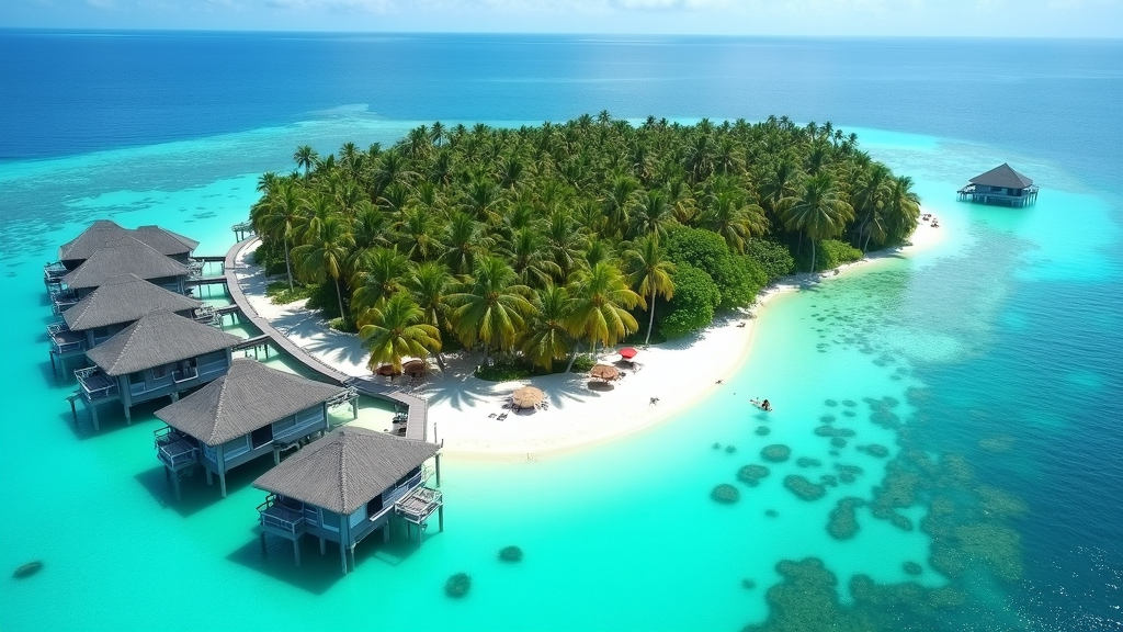 Aerial view of a luxury private island resort: overwater villas, lush palm trees, white sands, and turquoise waters.